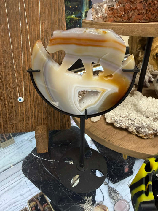 Bear on Crescent Moon carved Agate (Stand Included)