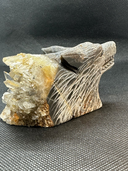 Wolf Agate Carving with Clear Quartz Cluster